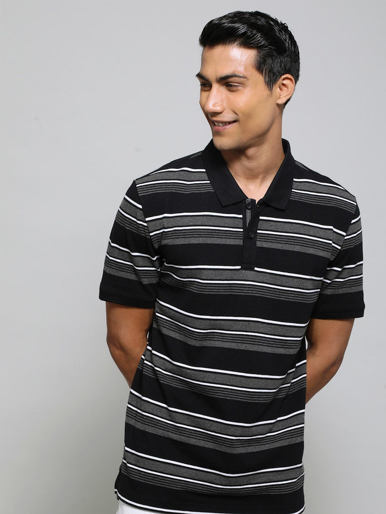 Black Charcoal Melange JOCKEY Men's Striped Polo T-Shirt