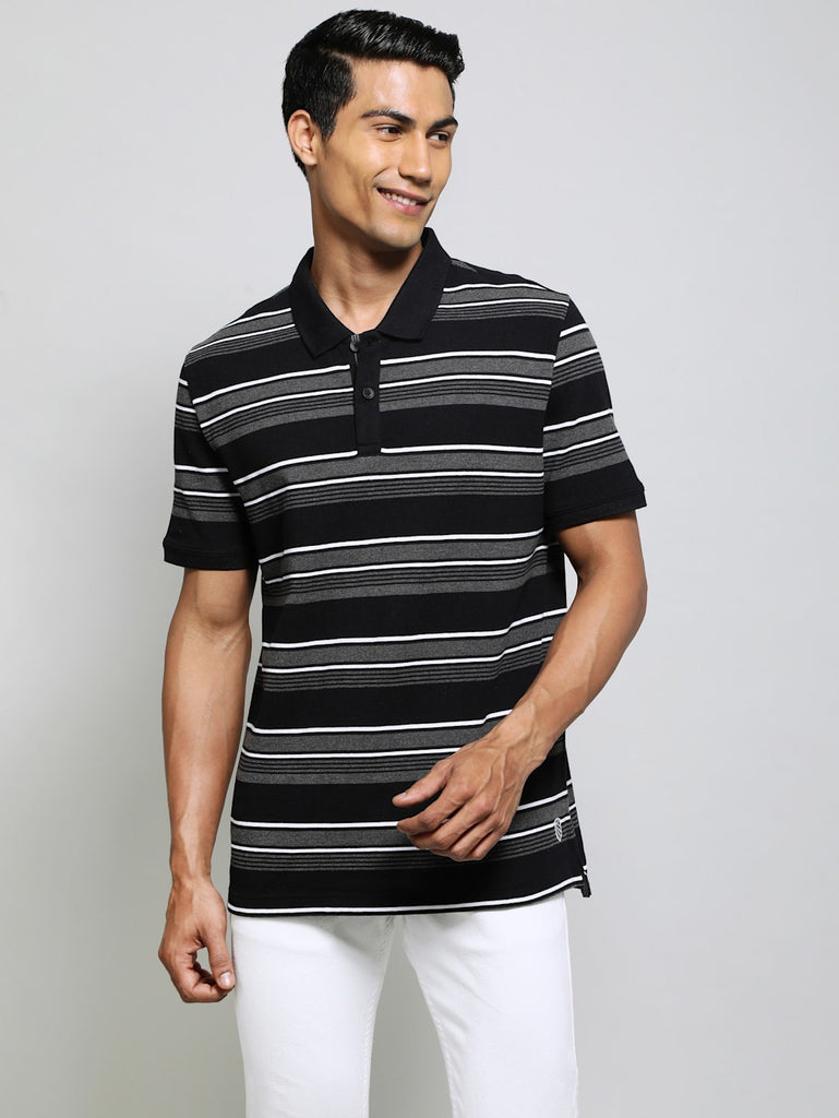 Black Charcoal Melange JOCKEY Men's Striped Polo T-Shirt