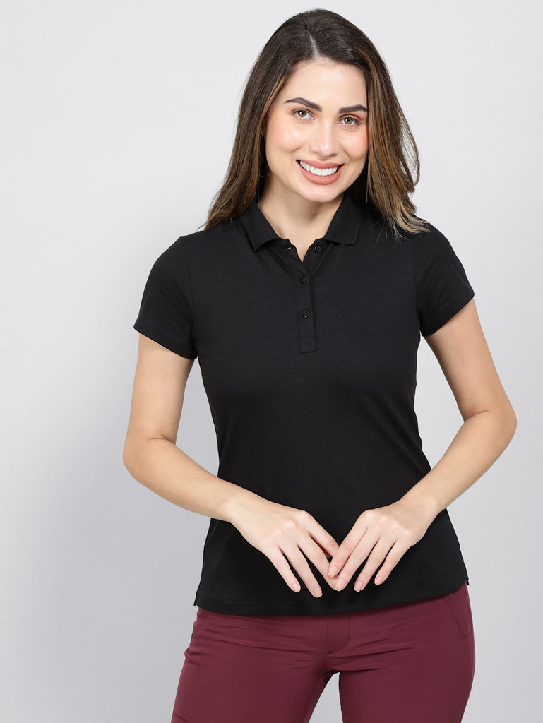 Black JOCKEY Women's Regular Fit Printed Half Sleeve Polo T-Shirt