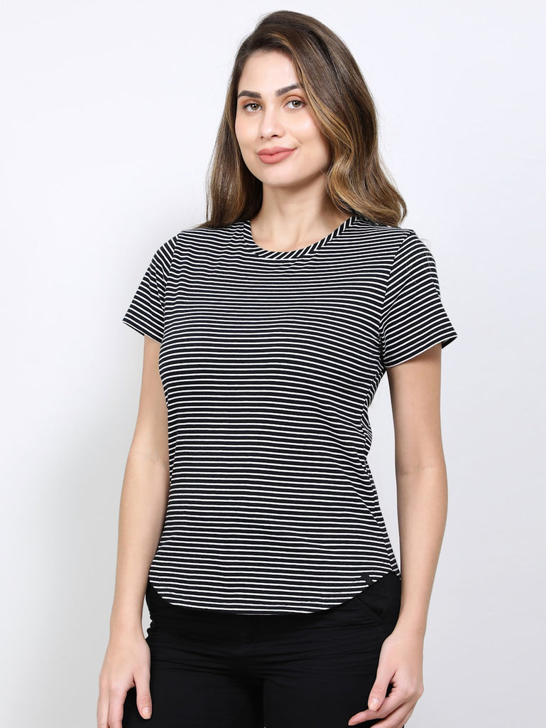 Black JOCKEY Women's Stripe Relaxed Fit Round Neck Half Sleeve T-Shirt.