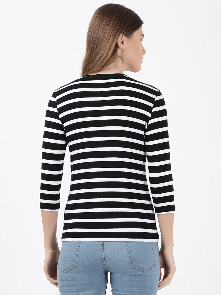 Black JOCKEY Women's Striped Round Neck Three Quarter Sleeve T-Shirt