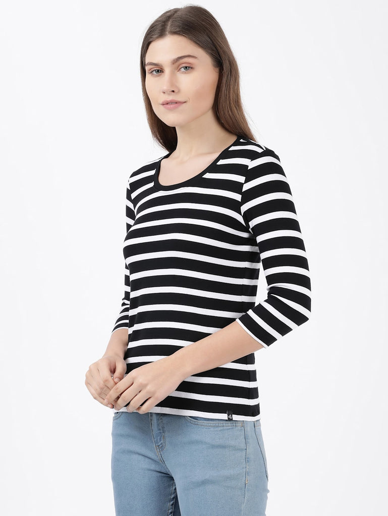 Black JOCKEY Women's Striped Round Neck Three Quarter Sleeve T-Shirt'