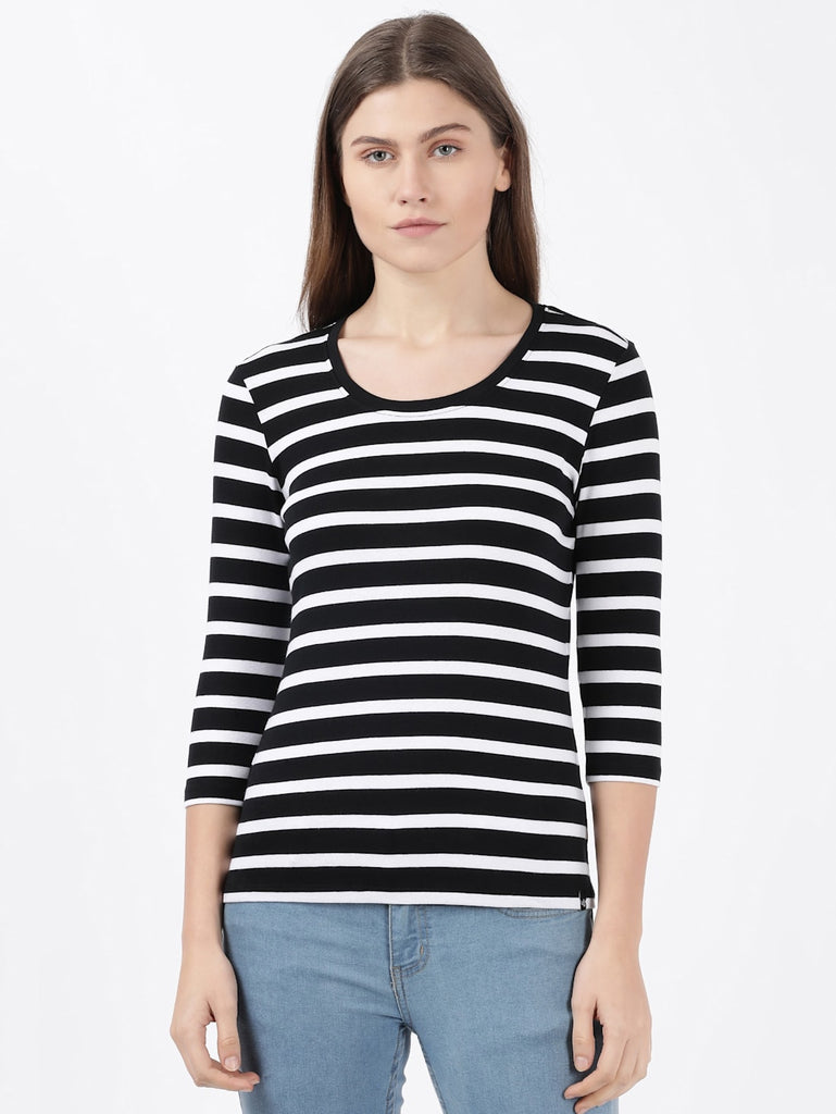 Black JOCKEY Women's Striped Round Neck Three Quarter Sleeve T-Shirt