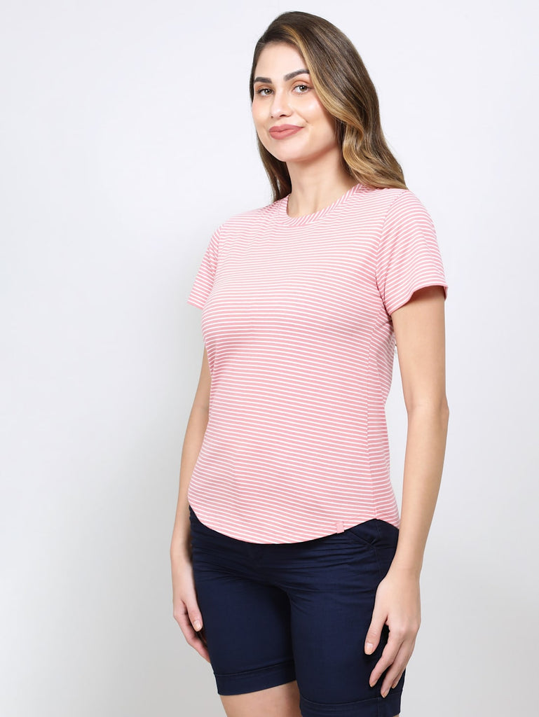 Brandied Apricot JOCKEY Women's Stripe Relaxed Fit Round Neck Half Sleeve T-Shirt.