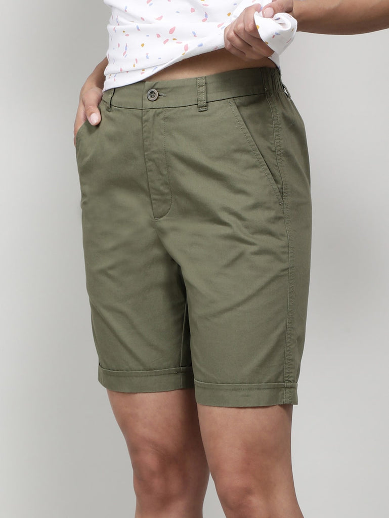 Burnt Olive JOCKEY Women's Twill Fabric Relaxed Fit Shorts