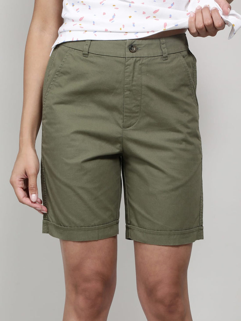 Burnt Olive JOCKEY Women's Twill Fabric Relaxed Fit Shorts