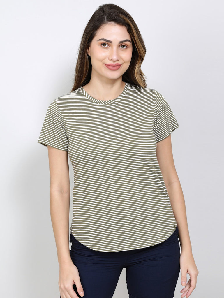 Burnt Olive JOCKEY Women's Stripe Relaxed Fit Round Neck Half Sleeve T-Shirt.