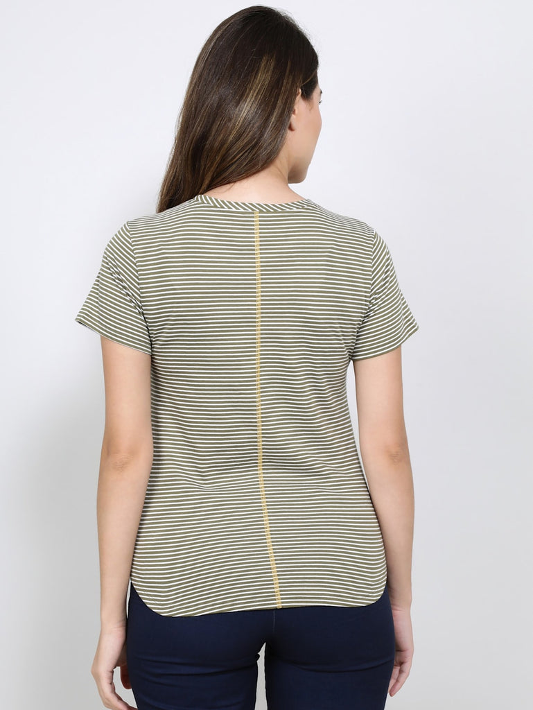 Burnt Olive JOCKEY Women's Stripe Relaxed Fit Round Neck Half Sleeve T-Shirt.