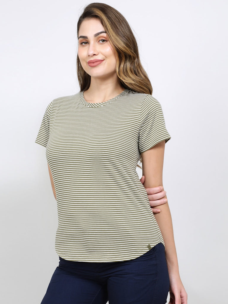 Burnt Olive JOCKEY Women's Stripe Relaxed Fit Round Neck Half Sleeve T-Shirt.