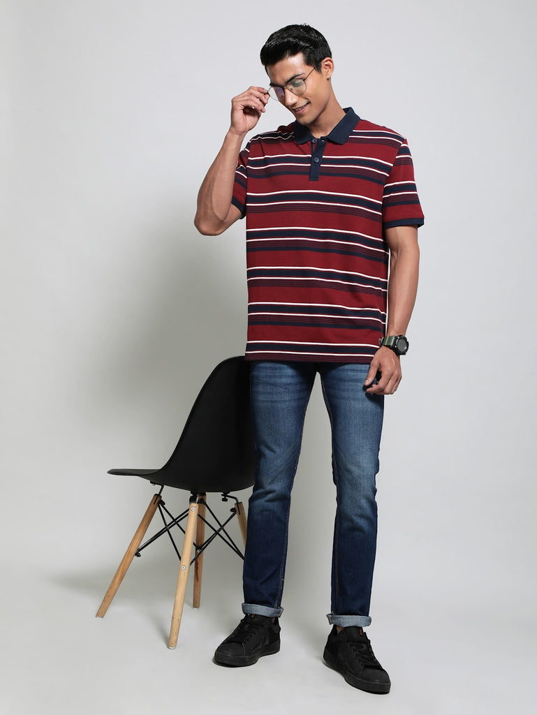 Deep Red Navy JOCKEY Men's Striped Polo T-Shirt