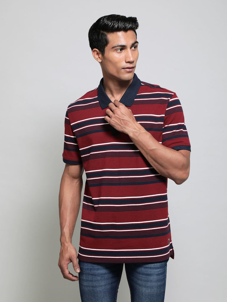 Deep Red Navy JOCKEY Men's Striped Polo T-Shirt