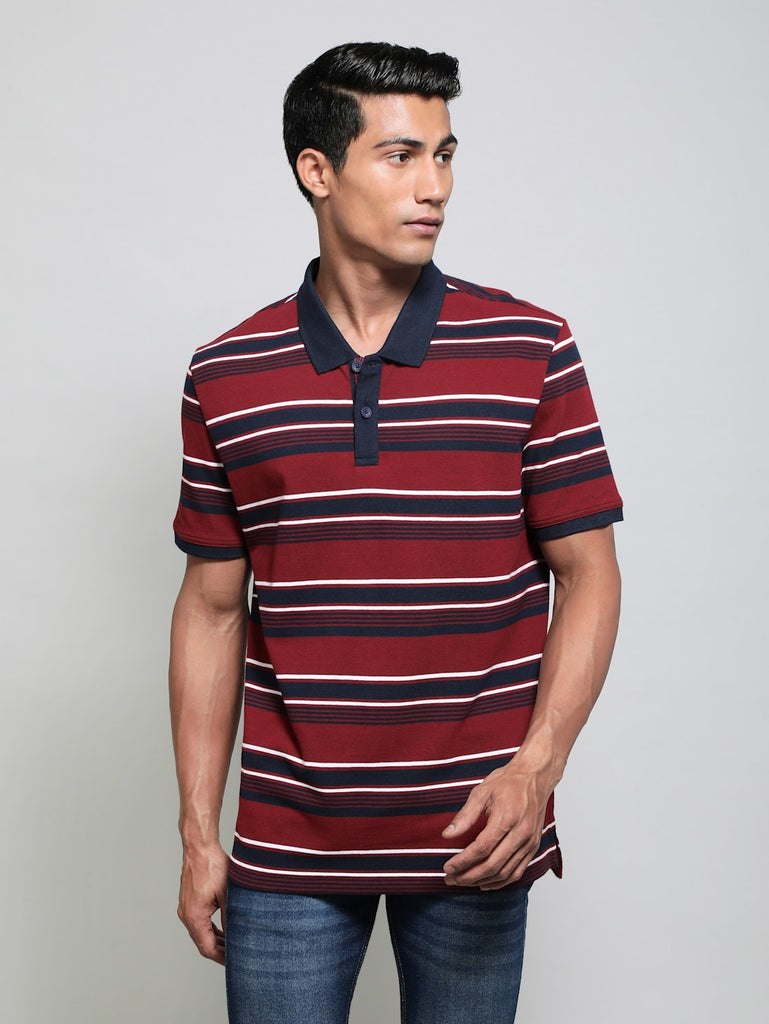 Deep Red Navy JOCKEY Men's Striped Polo T-Shirt