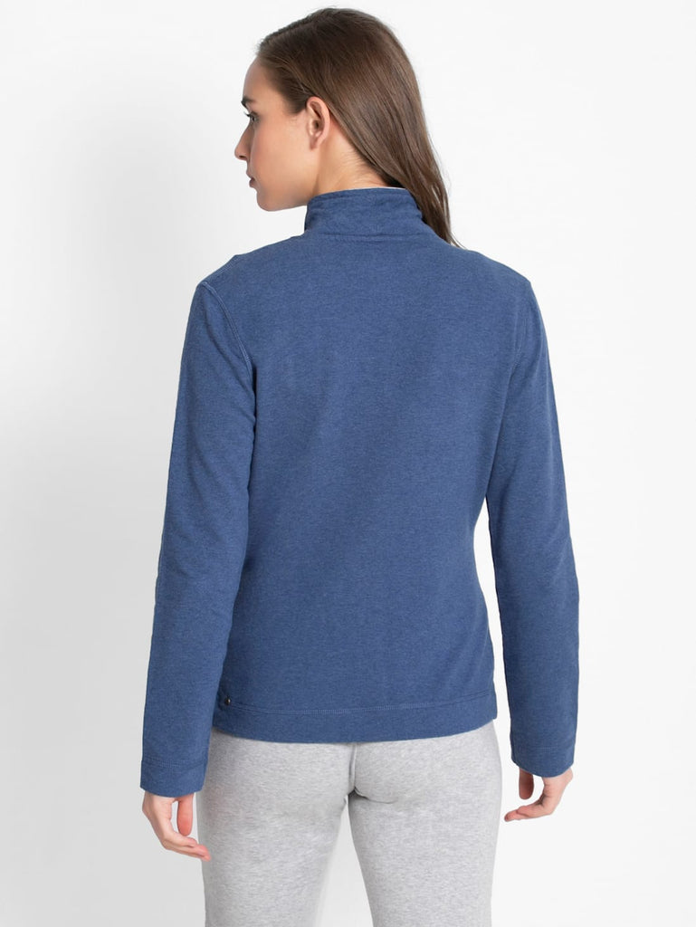 Denim Blue Melange JOCKEY Women's Cotton Full Zip High Neck Jacket