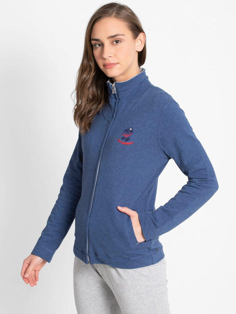 Denim Blue Melange JOCKEY Women's Cotton Full Zip High Neck Jacket