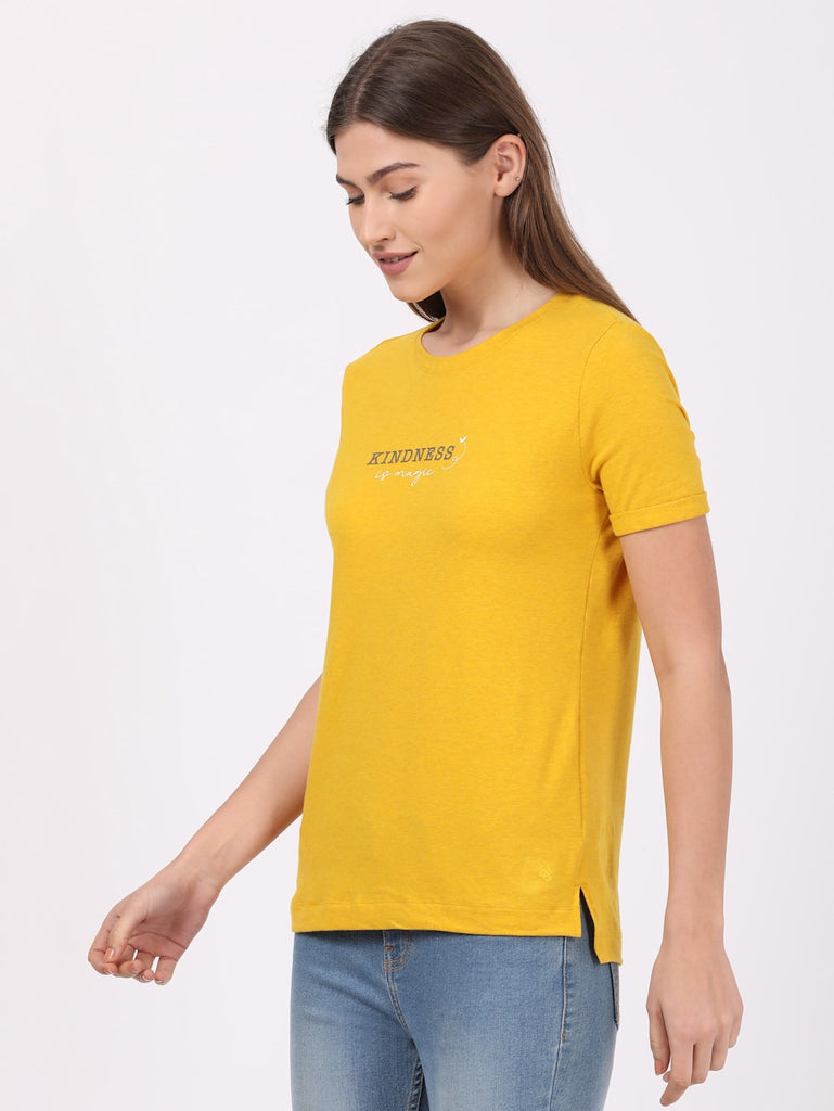 Golden Rod Melange JOCKEY Women's Relaxed Fit Printed Round Neck Half Sleeve T-Shirt