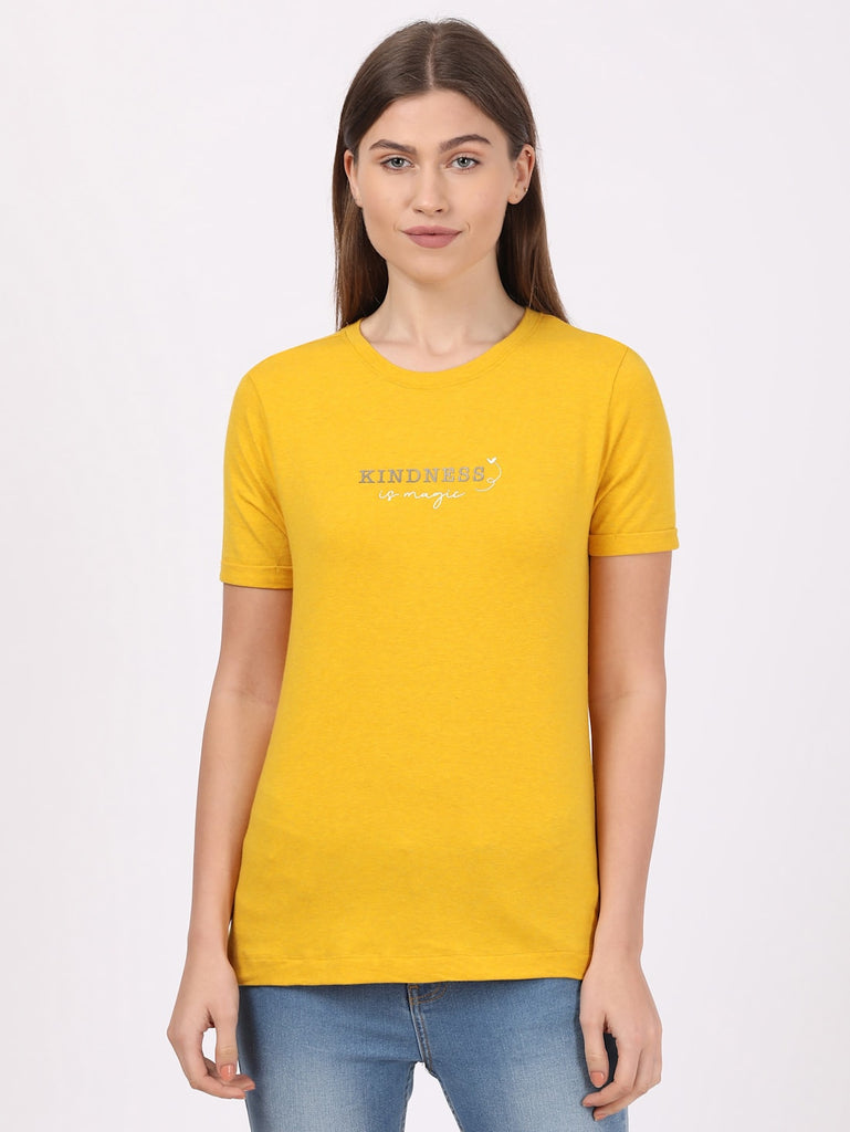 Golden Rod Melange JOCKEY Women's Relaxed Fit Printed Round Neck Half Sleeve T-Shirt