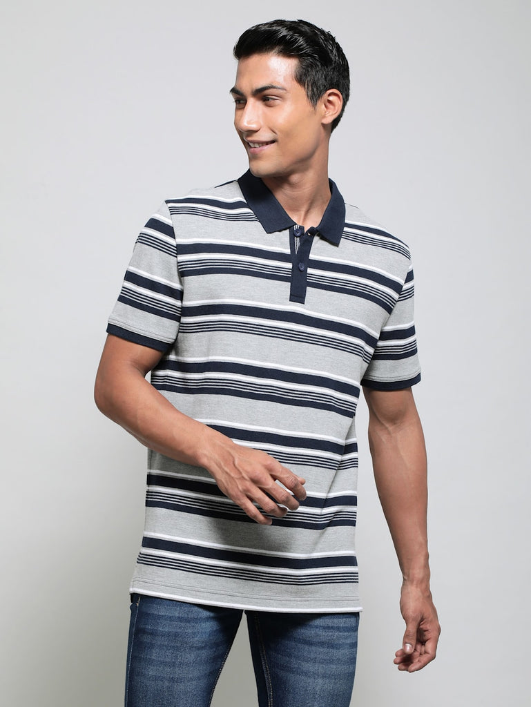 Grey Melange JOCKEY Men's Striped Polo T-Shirt