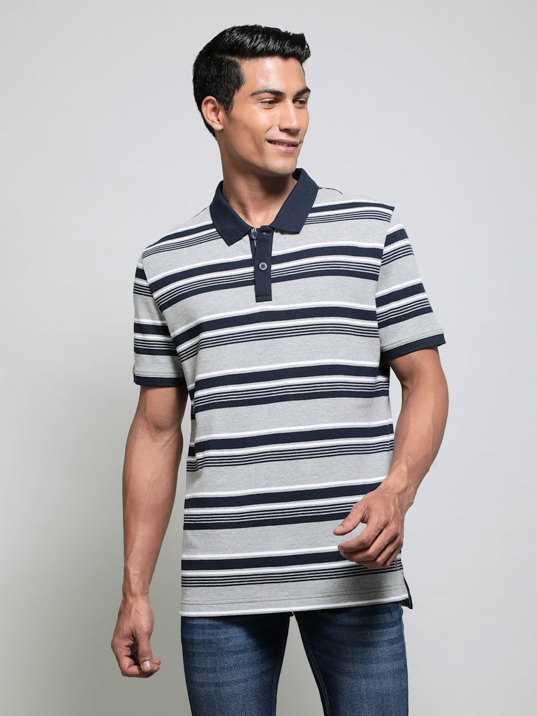 Grey Melange JOCKEY Men's Striped Polo T-Shirt