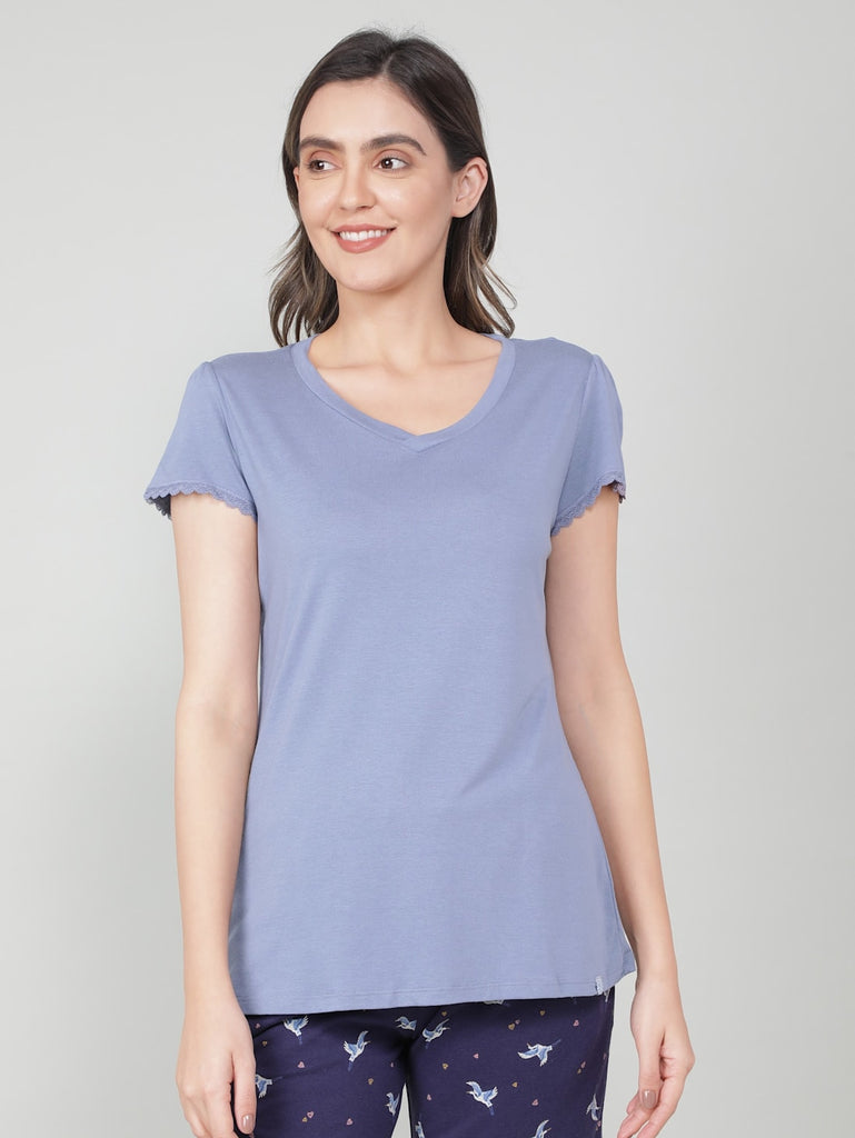 Infinity Blue JOCKEY Women's Solid V Neck Half Sleeve T-Shirt