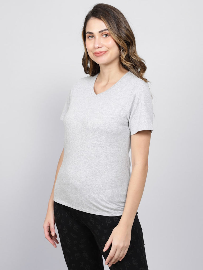 Light Grey Melange JOCKEY Women's V-Neck Half Sleeve T-Shirt