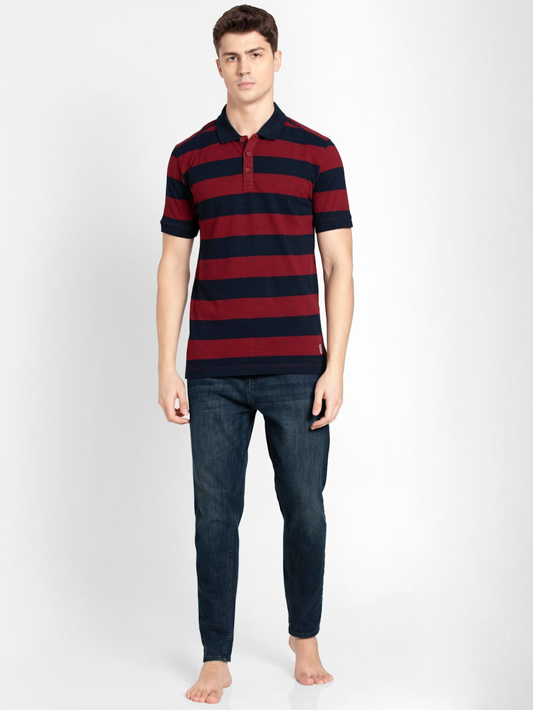 Navy and Deep Red JOCKEY Men's Striped Polo T-Shirt