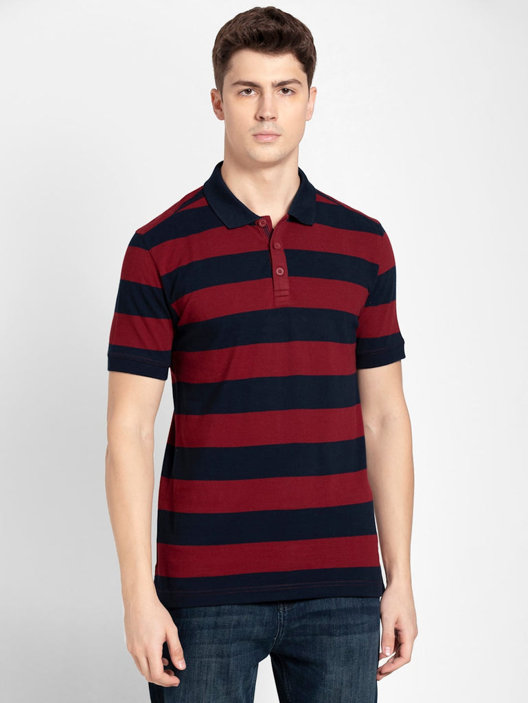 Navy and Deep Red JOCKEY Men's Striped Polo T-Shirt