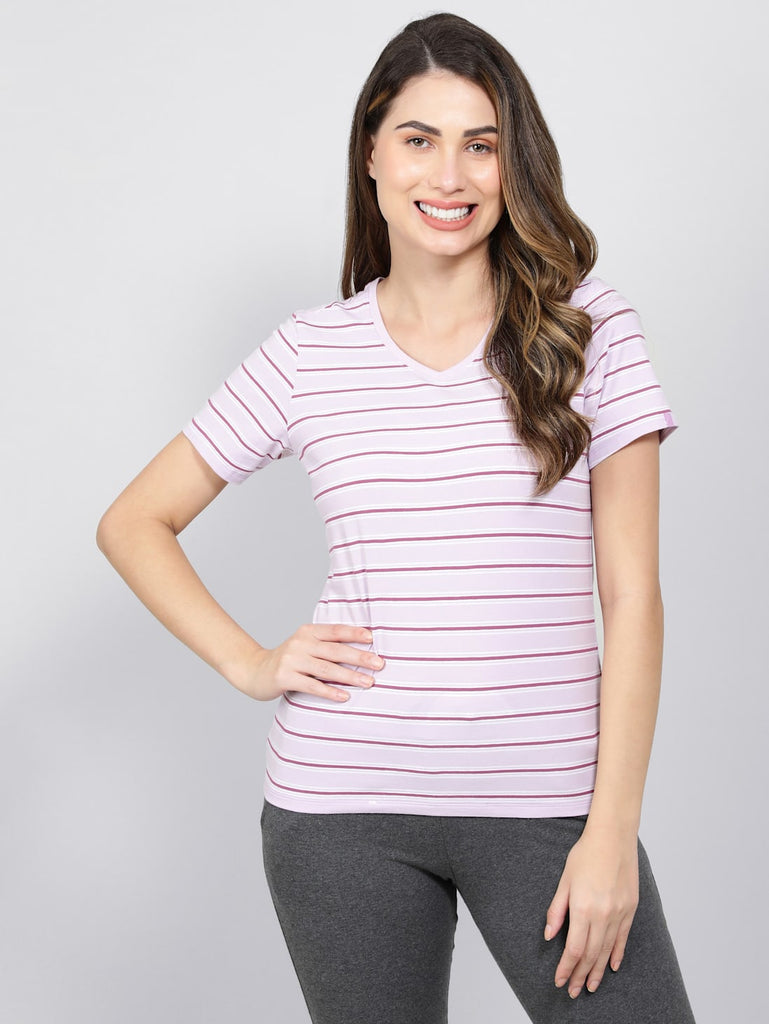 Orchid Bloom JOCKEY Women's Yarn Dyed Striped V Neck Half Sleeve T-Shirt