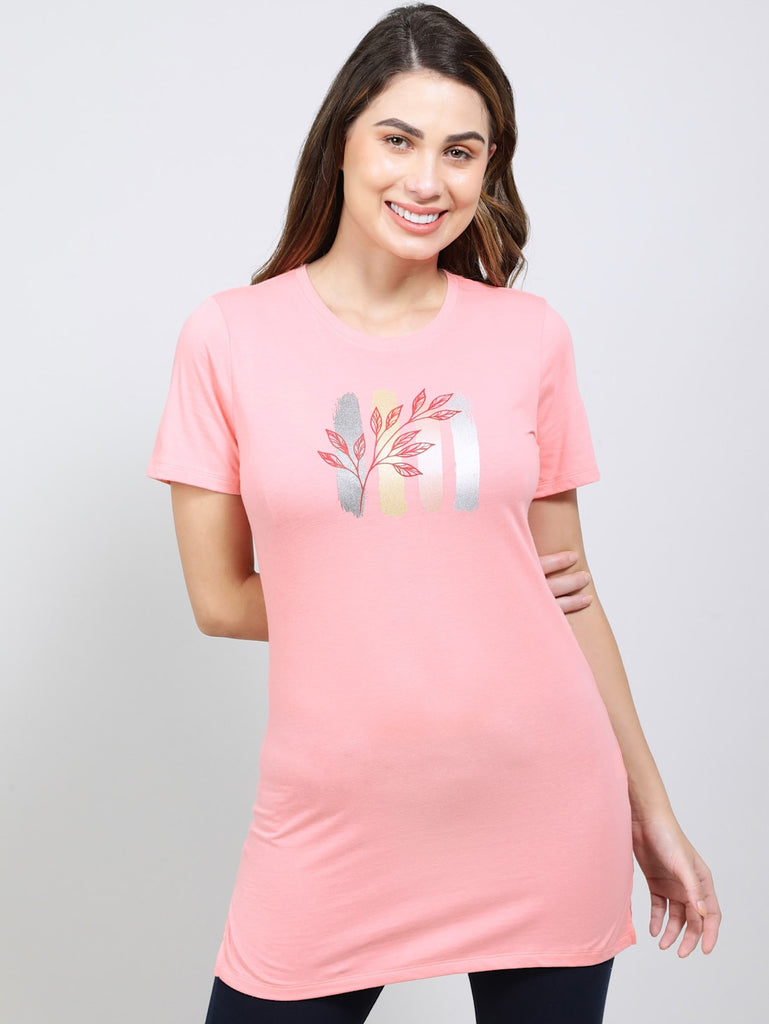 Plumeria JOCKEY Women's Relaxed Fit Printed Half Sleeve Long Length T-Shirt