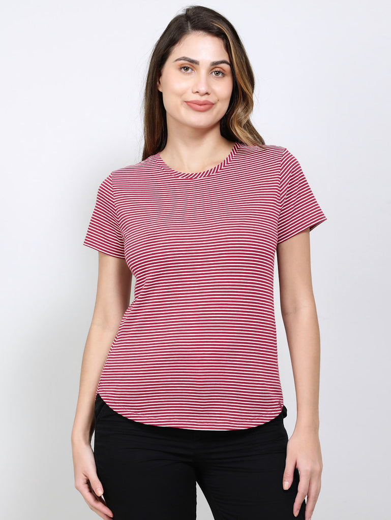 Red Plum JOCKEY Women's Stripe Relaxed Fit Round Neck Half Sleeve T-Shirt.