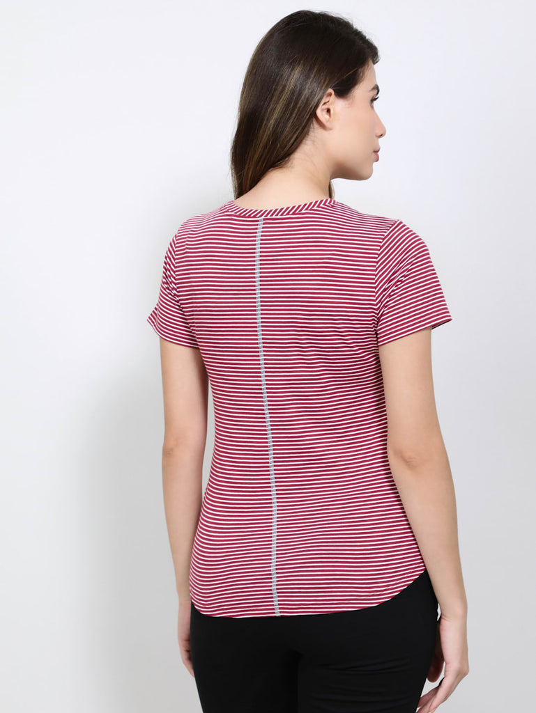 Red Plum JOCKEY Women's Stripe Relaxed Fit Round Neck Half Sleeve T-Shirt.