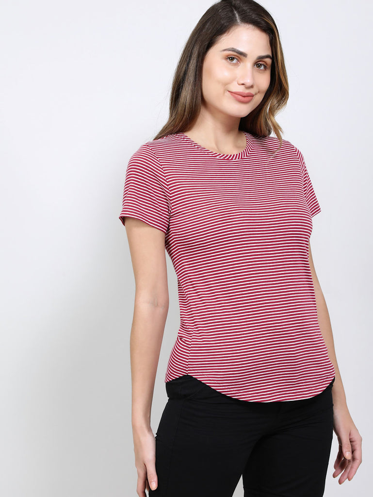 Red Plum JOCKEY Women's Stripe Relaxed Fit Round Neck Half Sleeve T-Shirt.