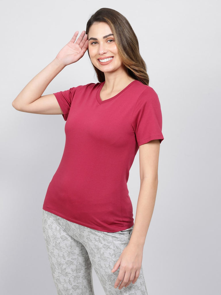 Red Plum JOCKEY Women's V-Neck Half Sleeve T-Shirt