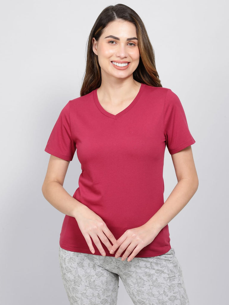 Red Plum JOCKEY Women's V-Neck Half Sleeve T-Shirt