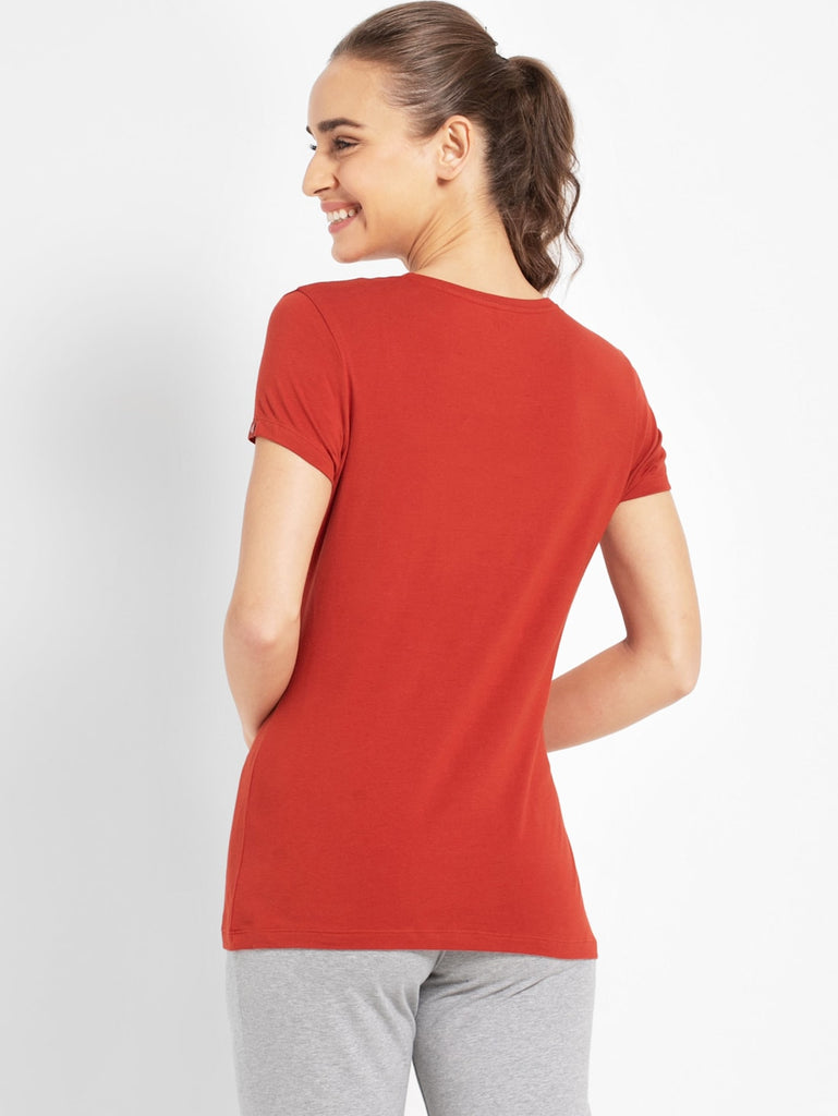 Red Wood JOCKEY Women's Regular Fit Solid Round Neck Half Sleeve T-Shirt