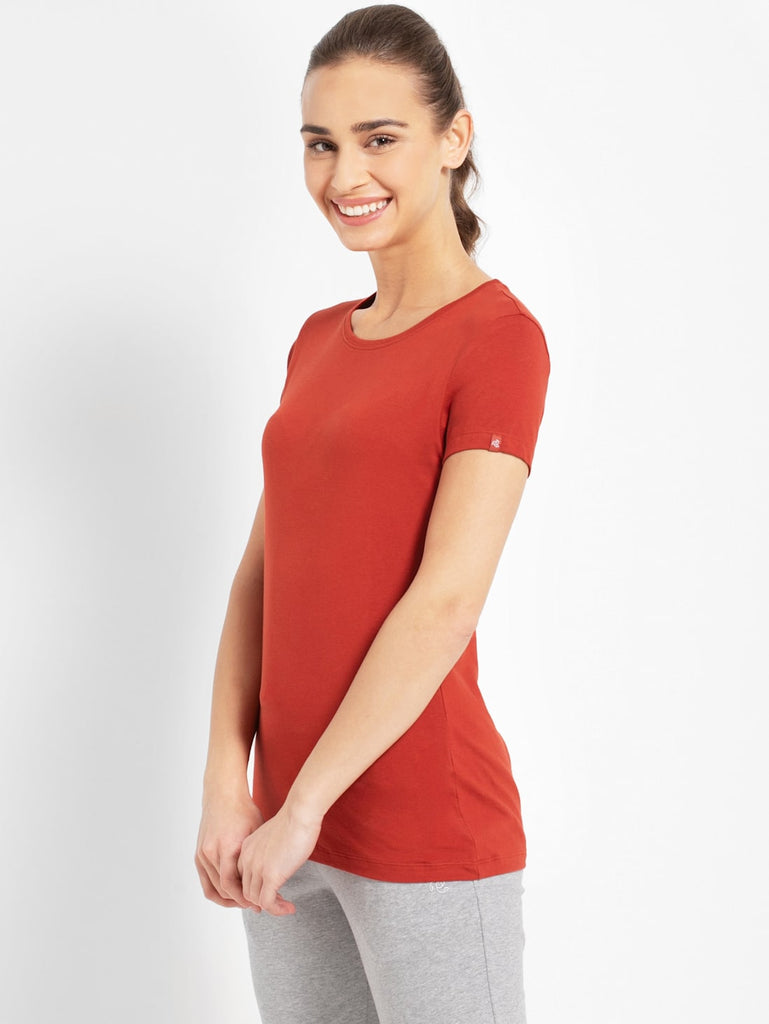 Red Wood JOCKEY Women's Regular Fit Solid Round Neck Half Sleeve T-Shirt