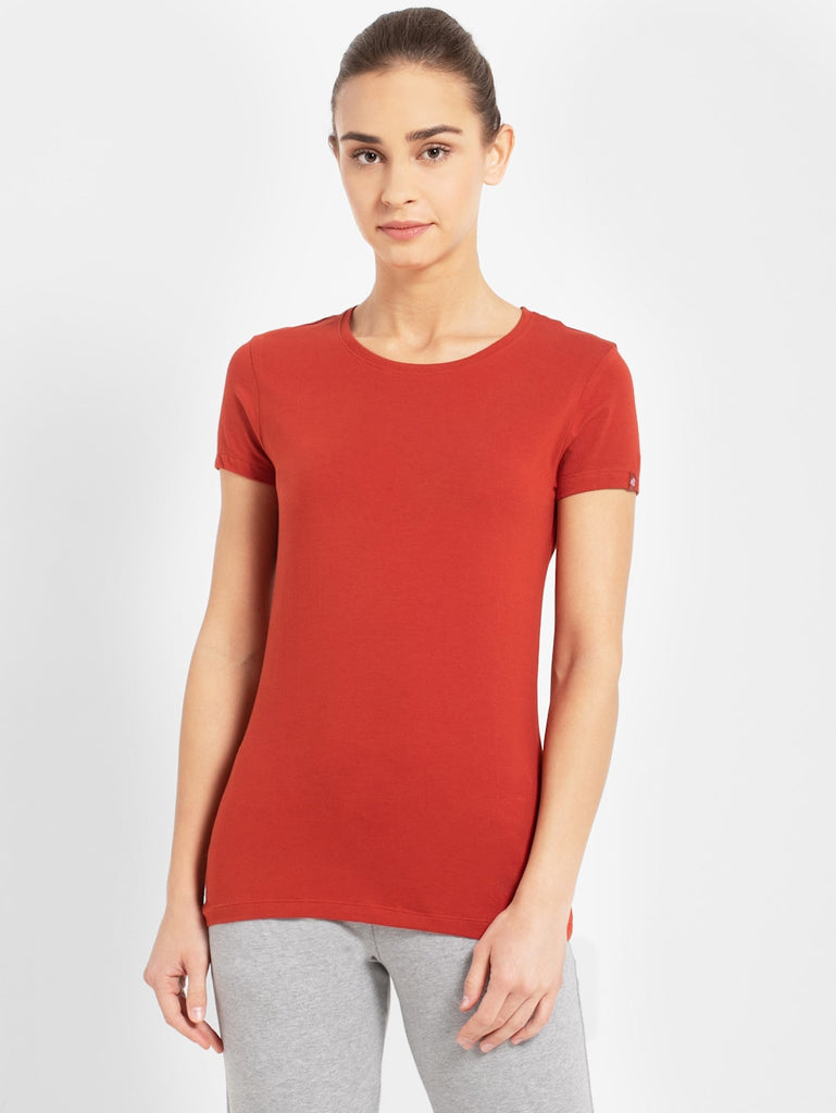 Red Wood JOCKEY Women's Regular Fit Solid Round Neck Half Sleeve T-Shirt