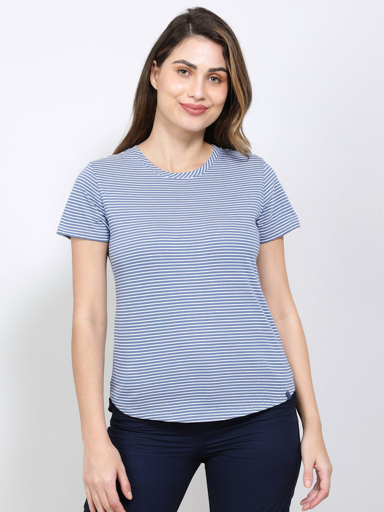 Topaz Blue JOCKEY Women's Stripe Relaxed Fit Round Neck Half Sleeve T-Shirt.