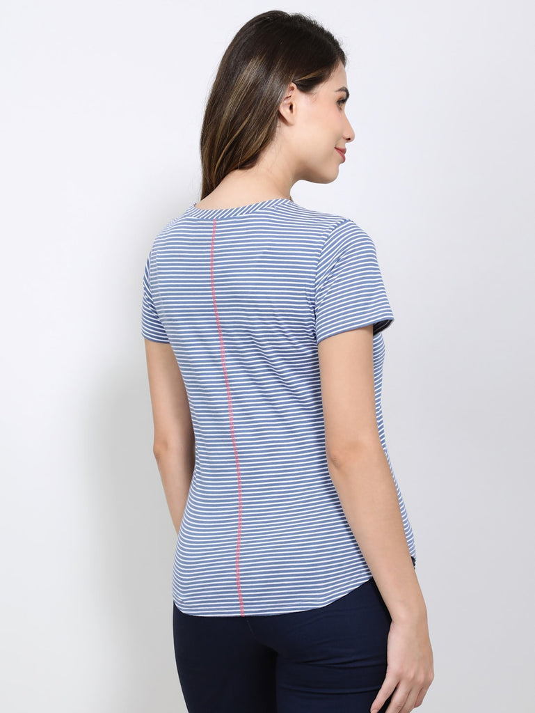 Topaz Blue JOCKEY Women's Stripe Relaxed Fit Round Neck Half Sleeve T-Shirt.