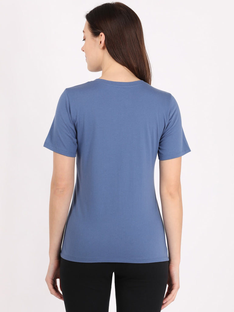 Topaz Blue JOCKEY Women's V-Neck Half Sleeve T-Shirt