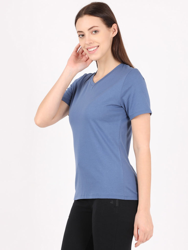 Topaz Blue JOCKEY Women's V-Neck Half Sleeve T-Shirt