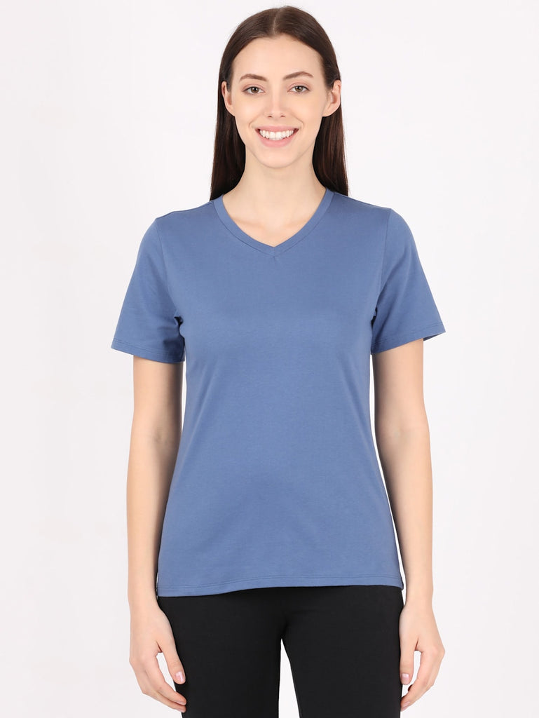 Topaz Blue JOCKEY Women's V-Neck Half Sleeve T-Shirt