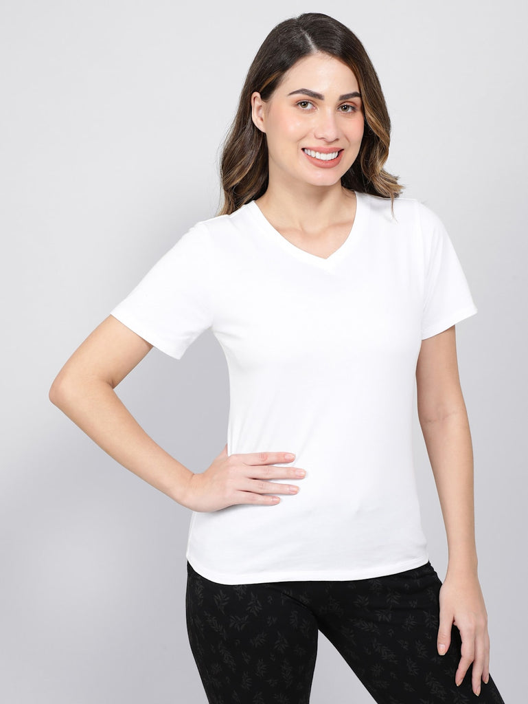 White JOCKEY Women's V-Neck Half Sleeve T-Shirt