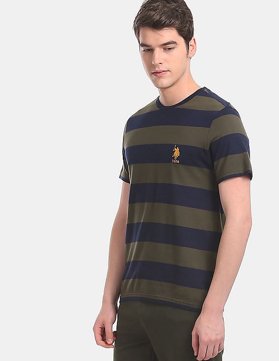 Olive USPA MEN HALF SLEEVES STRIPED T-SHIRT