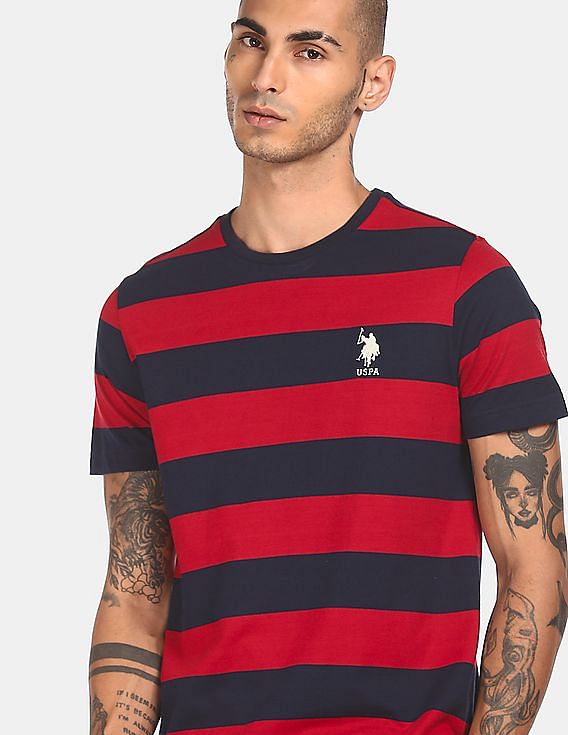 Red USPA MEN HALF SLEEVES STRIPED T-SHIRT