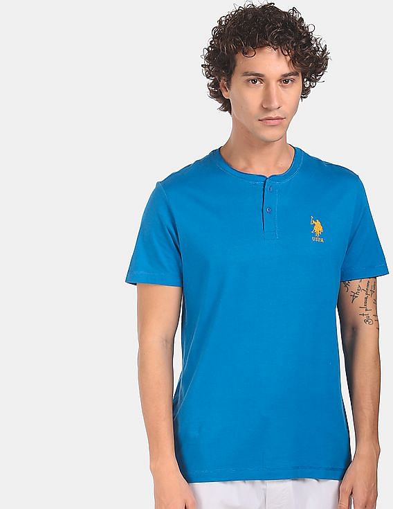 Blue USPA MEN HENLEY NECK T-SHIRT