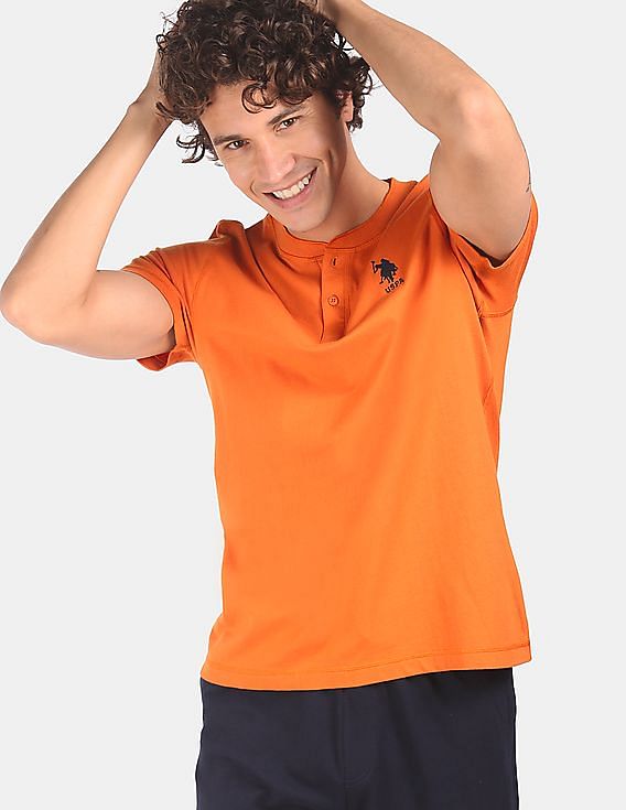 Orange USPA MEN HENLEY NECK T-SHIRT