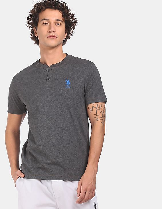 Grey USPA MEN HENLEY NECK T-SHIRT