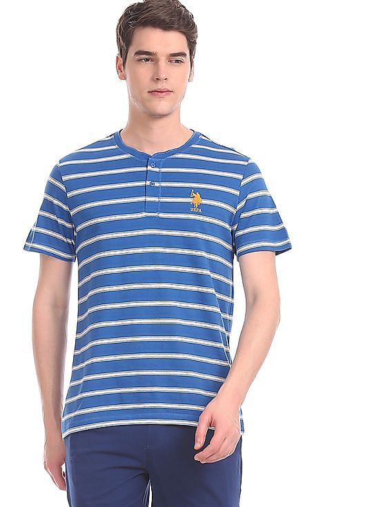 Blue USPA MEN HALF SLEEVES STRIPED T-SHIRT