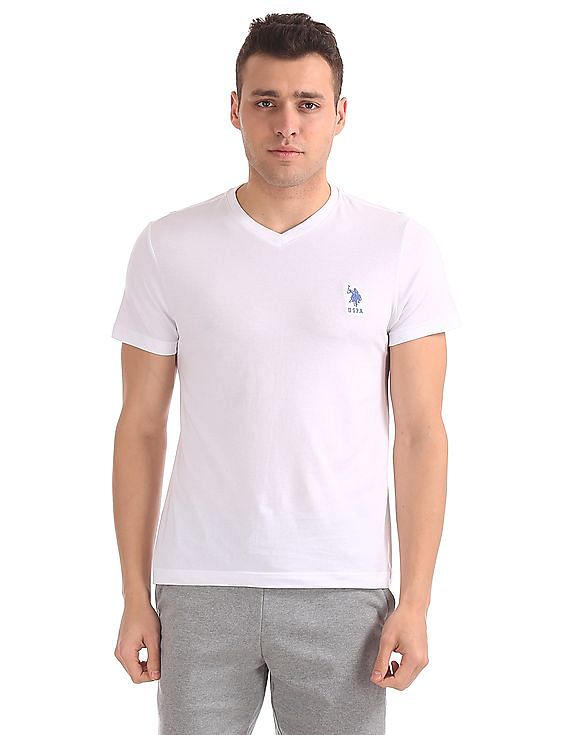 White USPA MEN HALF SLEEVES V NECK T-SHIRT