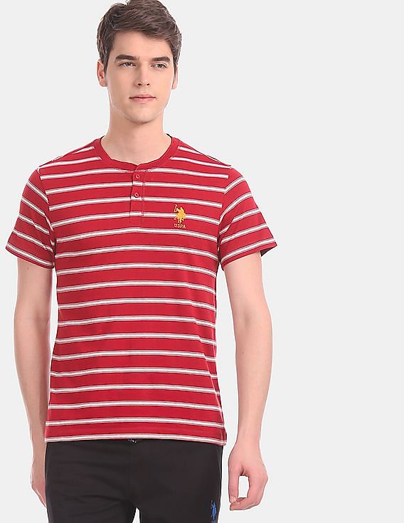 Red USPA MEN HALF SLEEVES STRIPED T-SHIRT